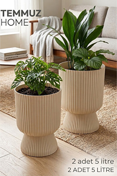 TEMMUZ HOME 2 Adet 5 Litre Büyük Boy Çizgili Ayaklı Saksı - Lotus 2 No (Delik...