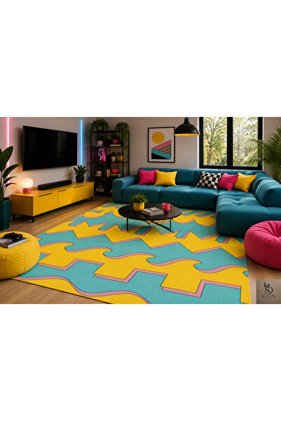SionFabric Dijital Baskı Geometrik Renkli Modern Yıkanabilir Kaymaz Taban Lek...