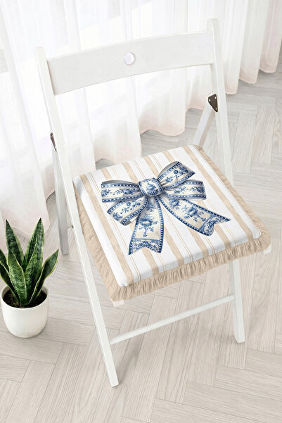 Realhomes Blue Floral Ribbon Motif Striped Fringed Zippered Chair Cushion - V...