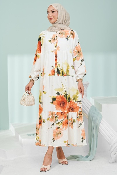 İmajButik Salmon Half Buttoned Sleeves Elastic Skirt Layered Viscose Dress
