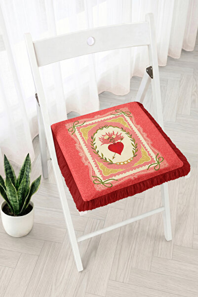 Realhomes Red Heart and Flower Motif Fringed Zippered Chair Cushion - Vintage...