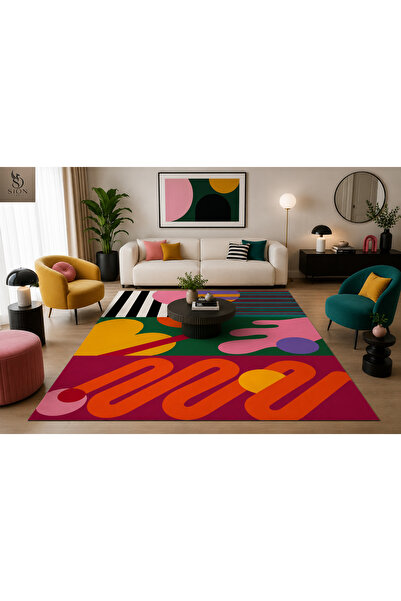 SionFabric Dijital Baskı Geometrik Renkli Modern Yıkanabilir Kaymaz Taban Lek...