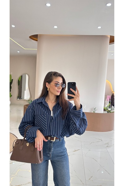 Genel Markalar KAHVERENGİ OVERSIZE ÇİZGİLİ GÖMLEK