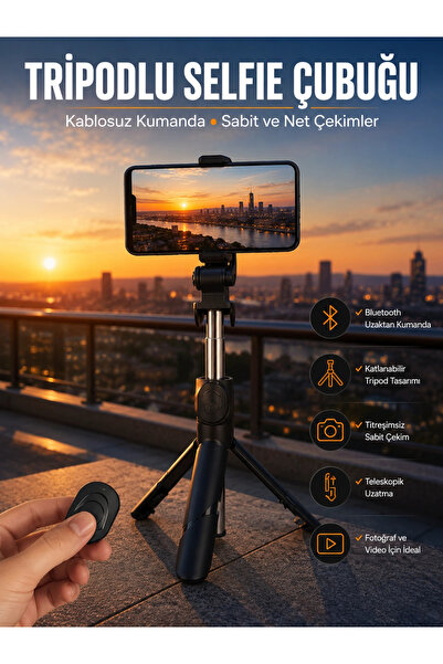 ARMÜZ Selfie Stick Tripod Remote Phone Holder Black