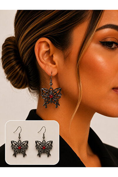 synshop Gothic Butterfly Figured Dangle Earrings Red Stone Black Metal Y2K Pu...