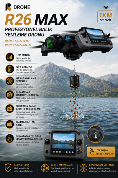 asfteknoloji R26 Max Profesyonel Balık Yemleme Dronu Ekranlı Kumanda Çift Bat...