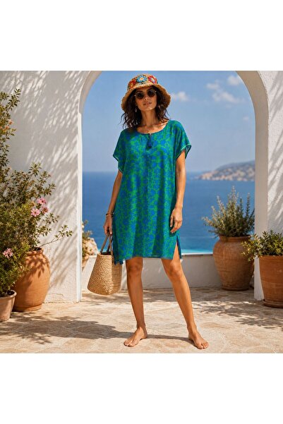 BIJUTERI Par-13053 Green Cobalt Floral Patterned Beach Dress & Pareo |   Eos ...