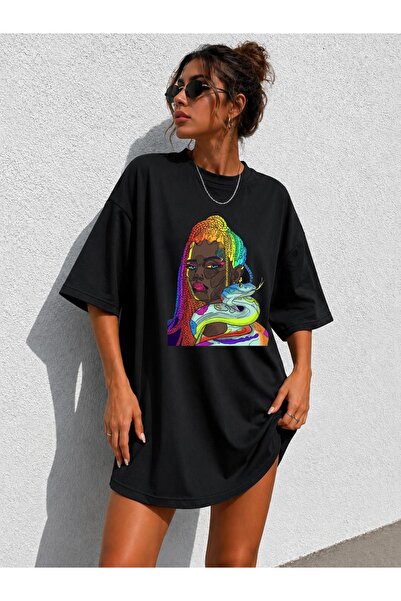 classy moda Γυναικείο πολύχρωμο μπλουζάκι με στάμπα γυναικείας φιγούρας και φ...