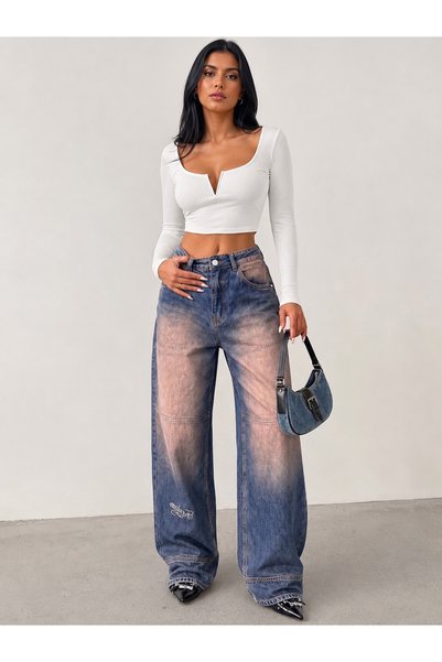 SHEVEGA Milano Yüksek Bel Tint Yıkama Nakış Detaylı Baggy Jeans Salaş Kot Pantolon
