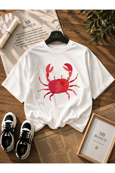 SB BİANCO Red Crab Graphic Oversize Unisex Premium Tişört | Kırmızı Yengeç Ba...