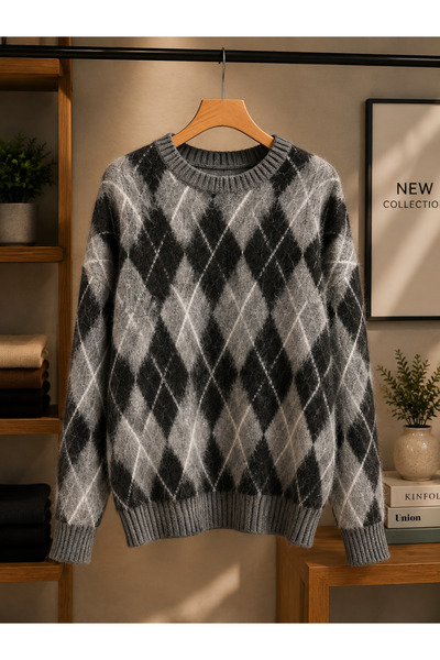 oneoff Women's Oversize Diamond Patterned Knitwear Sweater with Crew Neck and...