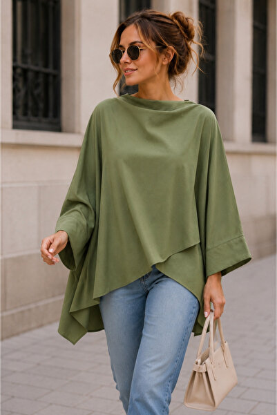 GLOW MUSE Omuzu Düğmeli Yarasa Kol Kimono Panço -Haki