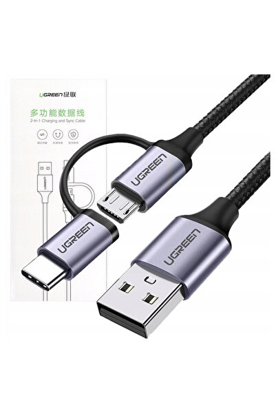 Ugreen Cablu Micro USB și USB-C 2-în-1, 2.4A, pentru telefoane, 1M, pentru în...