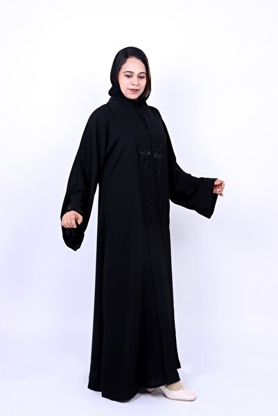 Izzah Bella Classic Black Front-Open Abaya with Floral Hand Embroidery and Be...
