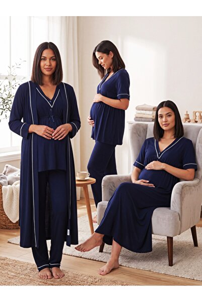 Lohusa Homewear New Season Navy Blue Piping Detailed Design with Easy Breastf...