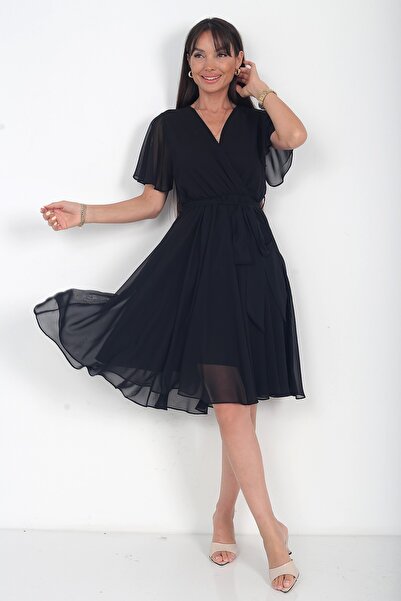 By Saygı Women's Double-Breasted Collar Belted Waist Lined Chiffon Dress