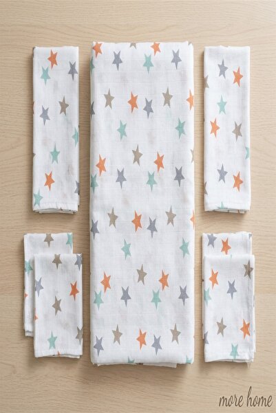 MORE HOME Multi-Purpose Muslin Cloth Blanket Set 5 Pieces Star Patterned