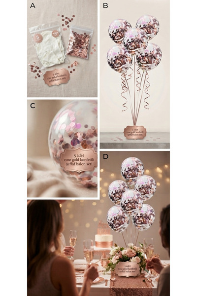 ÇAVUŞ E-TİCARET Rose Gold Konfetili Şeffaf Balon Seti Parti Setleri Doğum Gün...