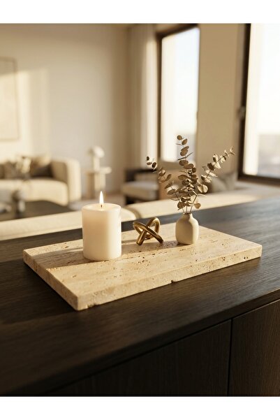 Pergamon Marble & Design Traverten dekoratif tepsi 18x30 cm el yapımı doğal
