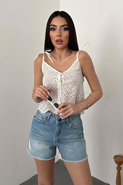 Clothes Fast Дамска бяла блуза с презрамки, с връзки, бродирана, къса, с V-об...