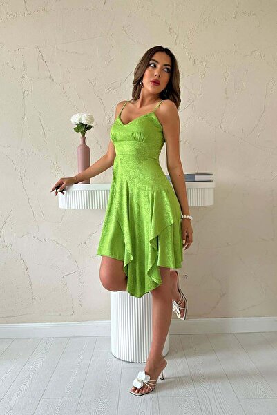 Clothes Fast Women's Green Strappy V-Neck Jacquard Asymmetrical Hem Mini Dress