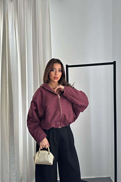 Clothes Fast سترة نسائية ذات أكمام طويلة وقصيرة وملمس موحد ولون عنابي وقلنسوة...
