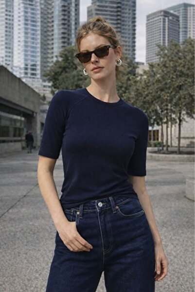 Moda Days Women's Light Navy Blue Ribbed Fabric Crew Neck Half Sleeve Slim Fi...