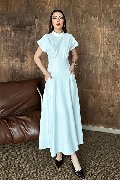 Clothes Fast Women's White Maxi Dress with Stand Collar, Gathered Short Sleev...