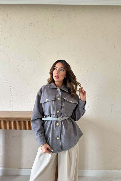 Moda Days Women's Gray Cashmere Textured Gold Buttoned Long Sleeve Woven Shir...