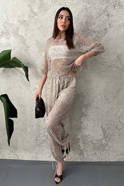 Clothes Fast Women's Beige Top and Bottom Set Sequined Double Set Crew Neck T...