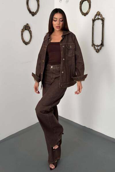 Moda Days Women's Brown Top and Bottom Set Jeans Jacket Pants Set Buttoned Po...