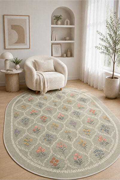 PINKIE HOME Dijital Kaymaz Yıkanabilir Renkli Çiçekli Salon Halısı Mutfak Hal...