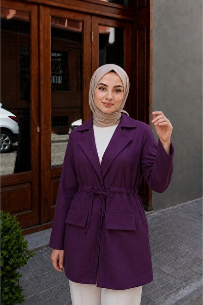 Lunfia Bağcıklı Cep Detaylı Keten Kimono - Mürdüm