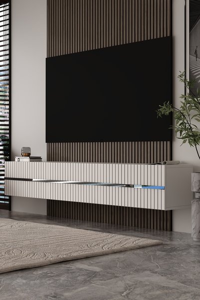 Dekortis Home Dekor 180DHDTDA5BG TEDY DUVARA MONTE PLEKSİ LAZER DESEN TV SEHPASI BEYAZ-GÜMÜŞ