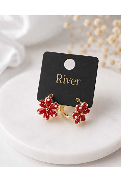 RİVER ACCESSORİES River Kırmızı Çiçek Mineli Çocuk Küpe