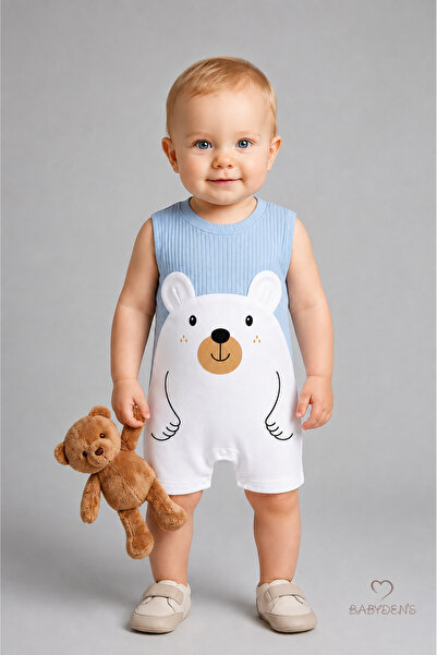 BABYDEN'S Baby Boy Summer Teddy Bear Printed Ribbed Jumpsuit 100% Cotton Slee...