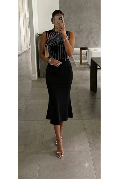 Beruflic Women's sleeveless off-the-shoulder midi dress with stone embellishe...
