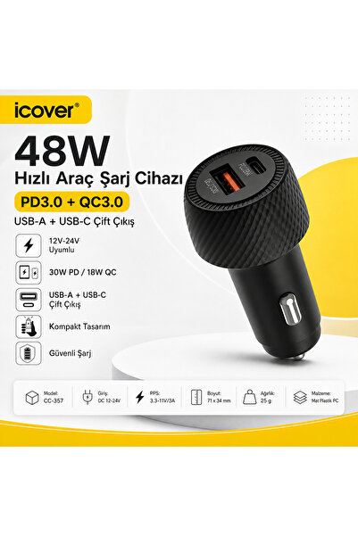 icover Hızlı Şarj Araç İçi Çakmaklık Adaptörü 12-24V CC-357 48W PD3.0 ve QC3....