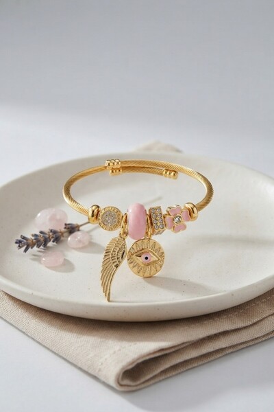 Clariss Pink Eye Model Gold Color Charm Bracelet