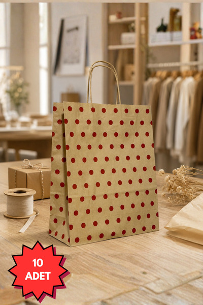 Kırmızı Puantiyeli 10 Adet 24x10x29 Cm Kraft Çanta Hediye Poşeti , Hediye Paketi , Kraft Kağıt Çanta
