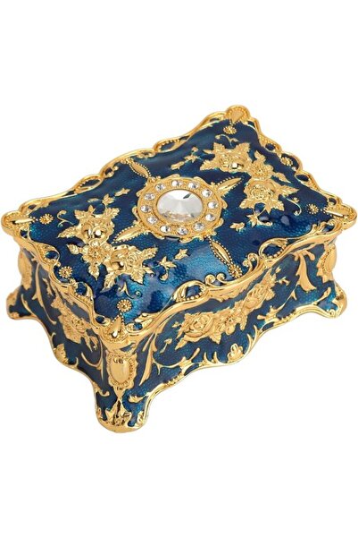 STARSTAR Gold & Blue Rectangular Vintage Metal Jewelry Box, Small Organizer D...
