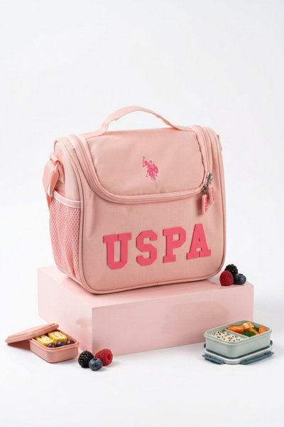 U.S. Polo Assn. حقيبة غداء للأطفال خفيفة الوزن مع جيب جانبي بسحاب لون وردي يو...