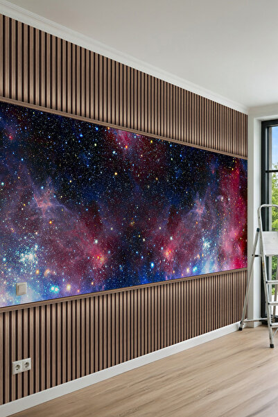 dreamwall Ahşap Çıta Görünümlü Kızıl-Mavi Bulutsu Nebula ve Yıldızlı Galaksi ...