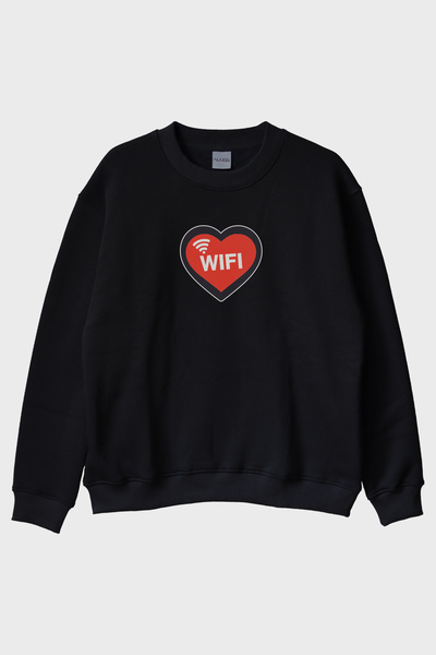 lofux Hearted Wifi Black Crew Neck Sweatshirt