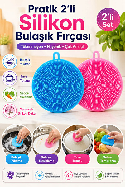 Anadolu Saray 2'li Silikon Bulaşık Fırçası Tükenmeyen Tava Tutucu Sebze Temiz...