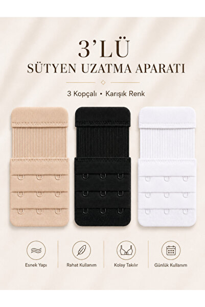 cicial Lastikli Sütyen Uzatma Kopçası Agraf/ Aparatı(3 kopçalı siyah-beyaz-bej)