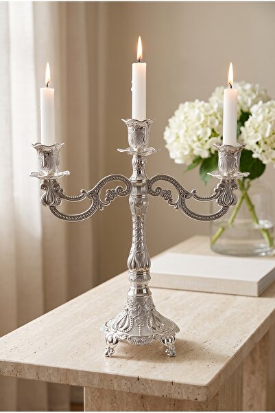 RASHA COLLECTION 3 Kollu İşlemeli Gümüş Şamdan