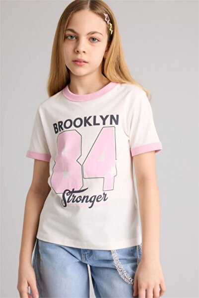 DeFacto 100% Cotton Regular Fit Crew Neck Printed Short Sleeve Ecru T-Shirt f...