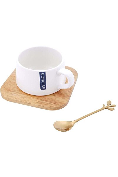 Generic Fine Bone Ceramic Cup & Saucer Set With Spoon-White/Brown
