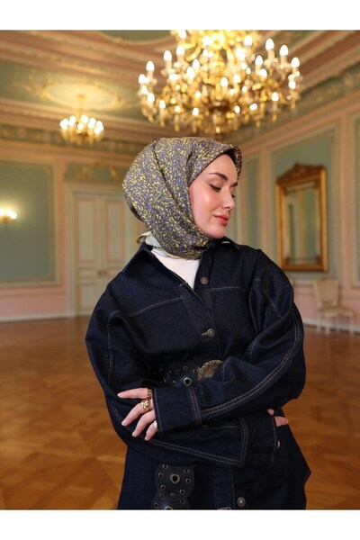 Silk Home وشاح حريري بنمط هندسي رمادي معدني، أصفر حمضي، IST 11459 - 32